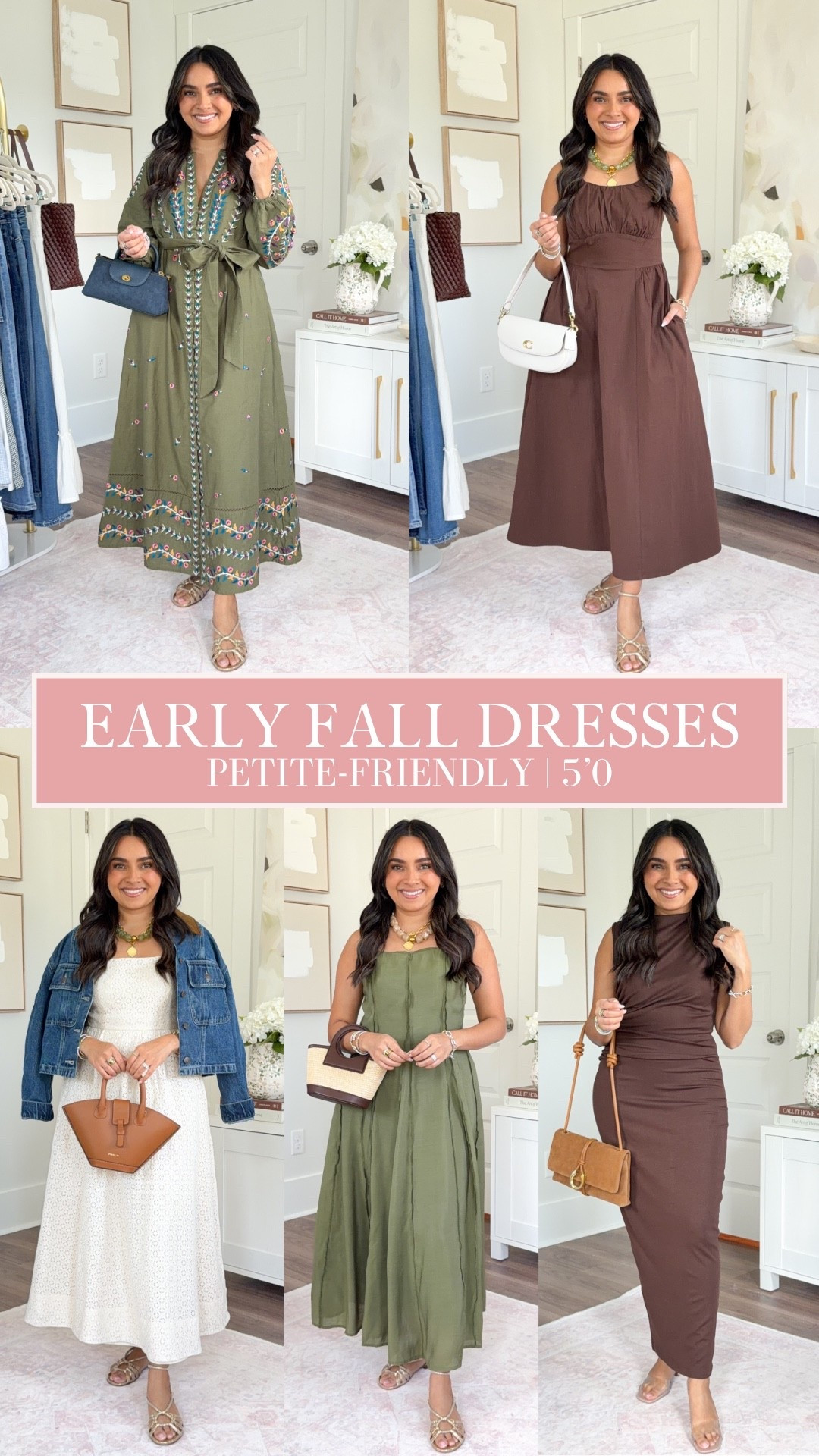 Fall dresses you can wear now!
For reference: I’m 5’0, petite, 32b bra size, and 2/26 in bottoms, pear shaped. 
*Everything I share is unaltered! TTS means true to size. Between size 5-6.5 in shoes

Green floral dress size 0 petite TTS
Brown tank dress size xs TTS
Porcelain Ivory eyelet dress size xs TTS
Green tank dress size xs TTS
Coffee brown maxi dress size small TTS
Gold sandals size 5 TTS
Clear heels size 5 TTS


Fall outfits
Autumn
Closet staples
Fall outfits women

#LTKPetite #LTKootd #LTKSaleAlert