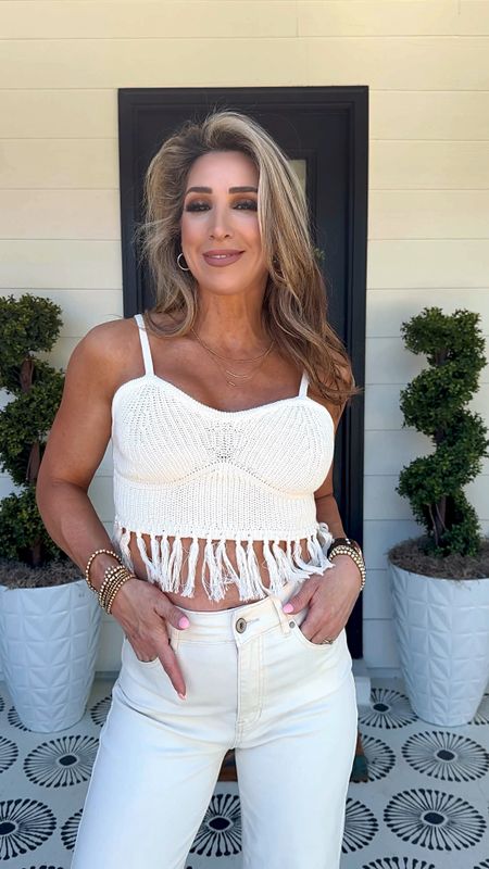 White knit cropped sweater top with fringe, white wide leg cropped denim jeans, spring outfit, vacation outfit, white outfit, sandals, mules, straw crossbody bag

#LTKfindsunder100 #LTKstyletip #LTKVideo