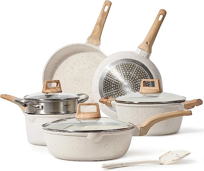 CAROTE Pots and Pans Set Nonstick, White Granite 10 Pcs Induction Kitchen Cookware Sets, Non Stic... | Amazon (US)