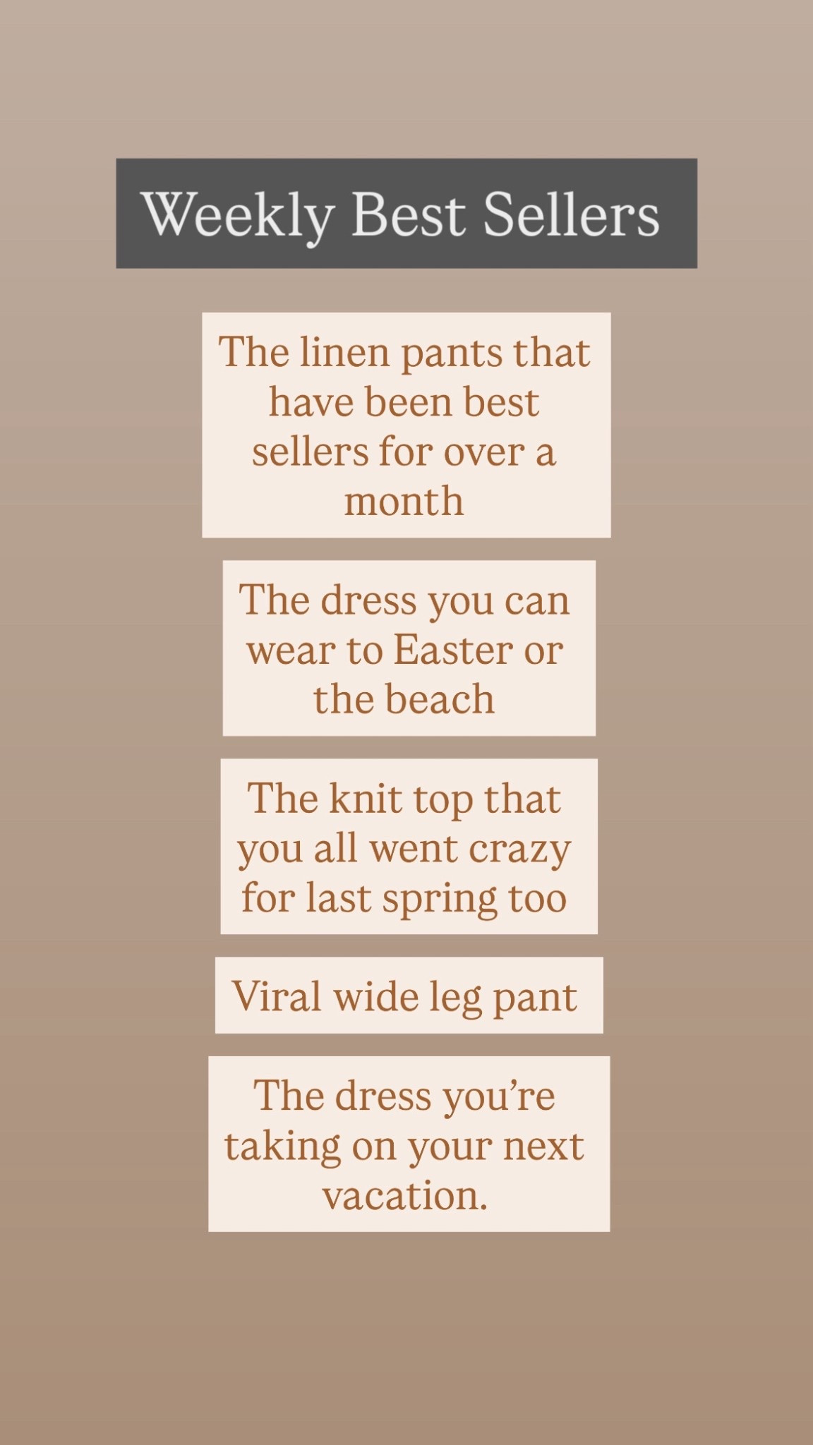 Weekly best sellers 

Wedding guest dress 
Easter dress
Resort dress 
Tall friendly pants 
Linen pants 

#LTKTravel #LTKTall #LTKSeasonal