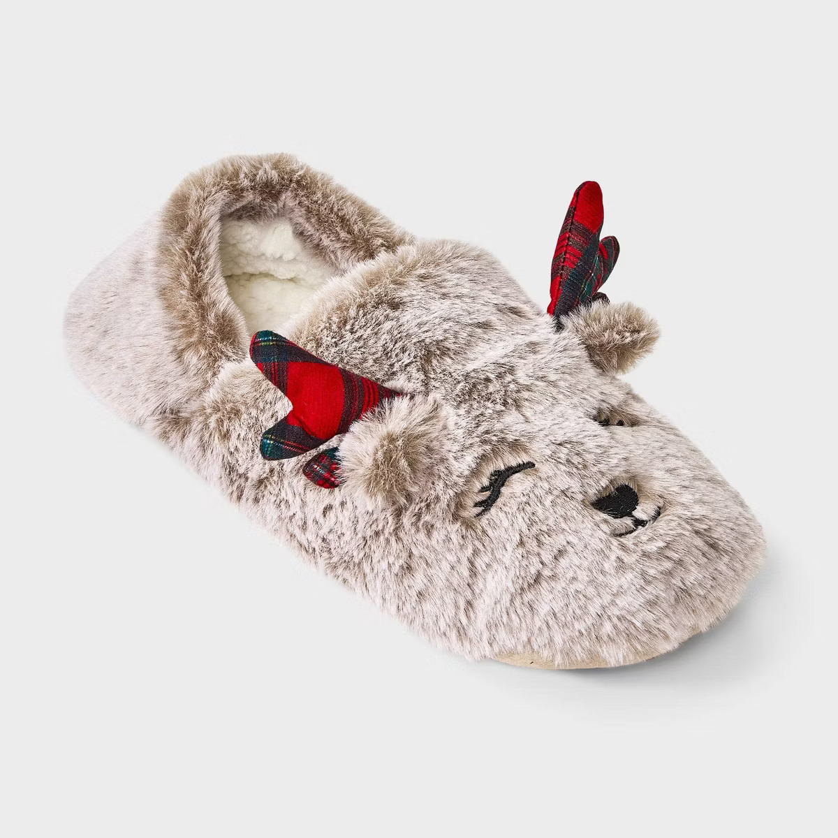 Women's Reindeer with 3D Antlers Christmas Faux Fur Slipper Socks with Grippers - Wondershop™ T... | Target