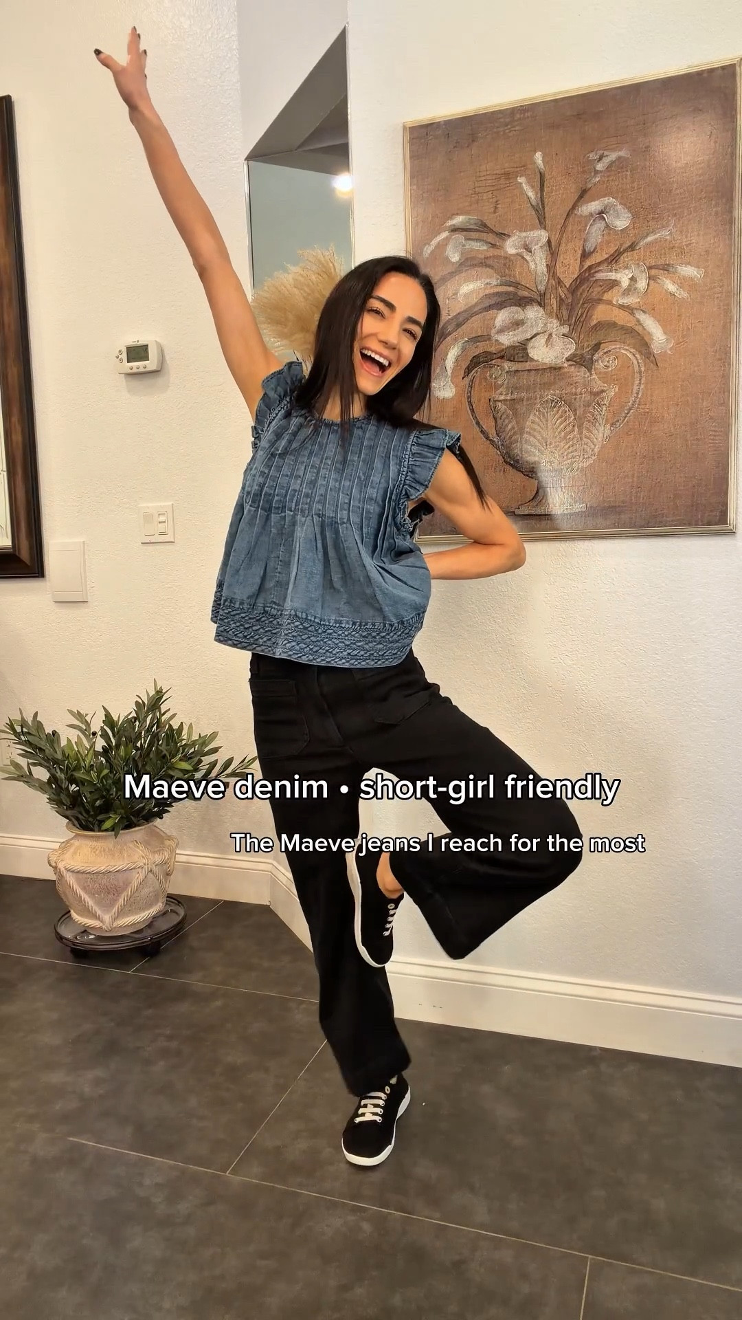 Anthropologie cropped denim tank (XXS) with cap sleeves and ruffle edges, paired with Maeve jeans (23P, no hemming). Finished with Vionic sneakers — machine washable. I’m 5’0”, ~100 lbs, 24” waist.

#LTKootd #LTKPetite