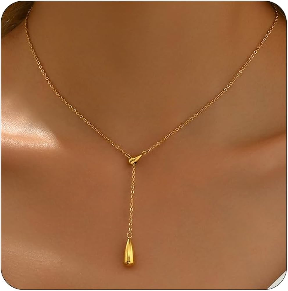 Drop Y-Shaped Necklace for Women, 18K Gold Plated Simple Lariat Necklace Minimalist Everyday Jewe... | Amazon (US)
