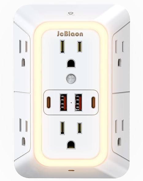 Wall Outlet Extender with Night Light, Power Plug Adapter 6 Outlet Extender with 4 USB Charging P... | Amazon (US)