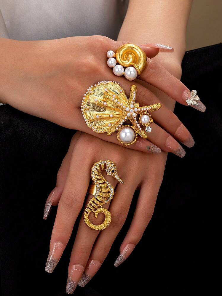 3 Pcs Summer Beach Style Rings Set For Women ABS Pearl Decor Shell Starfish Sea Horse Statement Ring Vocational Jewelry Accessories | SHEIN