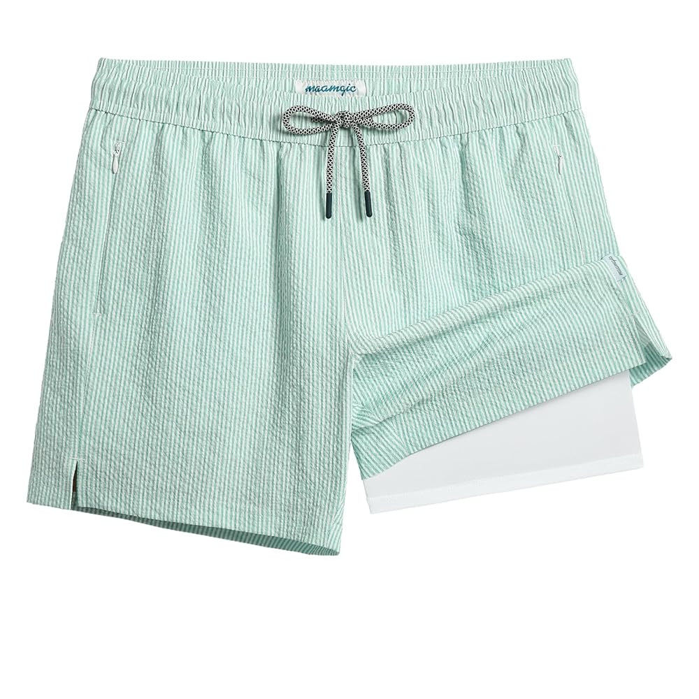 maamgic Men's Swim Trunks 5.5 inch Seersucker 2 in 1 Beach Shorts Quick Dry Bathing Suits with Co... | Amazon (US)