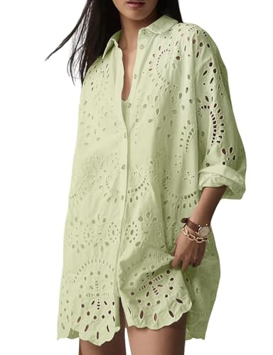 CHARTOU Women Eyelet Lace Dress Button Down Shirt Loose Fit Summer Casual Mini Dress | Amazon (US)