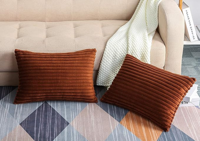 TangDepot, Set of 2 Soft Plush Velvet Big Striped Corduroy Solid Decorative Throw Pillow Covers, ... | Amazon (US)