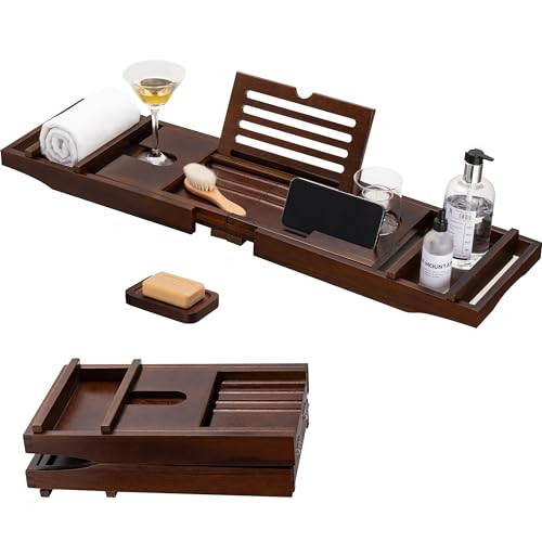 HBlife Teak Bathtub Caddy Tray Foldable Bath Table Tray with Book and Wine Glass Holder, Wooden Expandable Bathroom Accessories | Amazon (US)