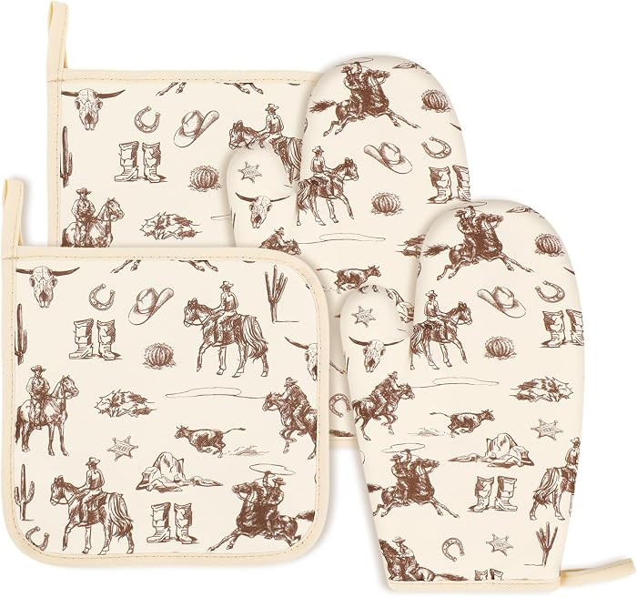 JarThenaAMCS 4Pcs Western Cowboy Oven Mitts and Pot Holders Set Brown Wild West Rodeo Kitchen Ove... | Amazon (US)