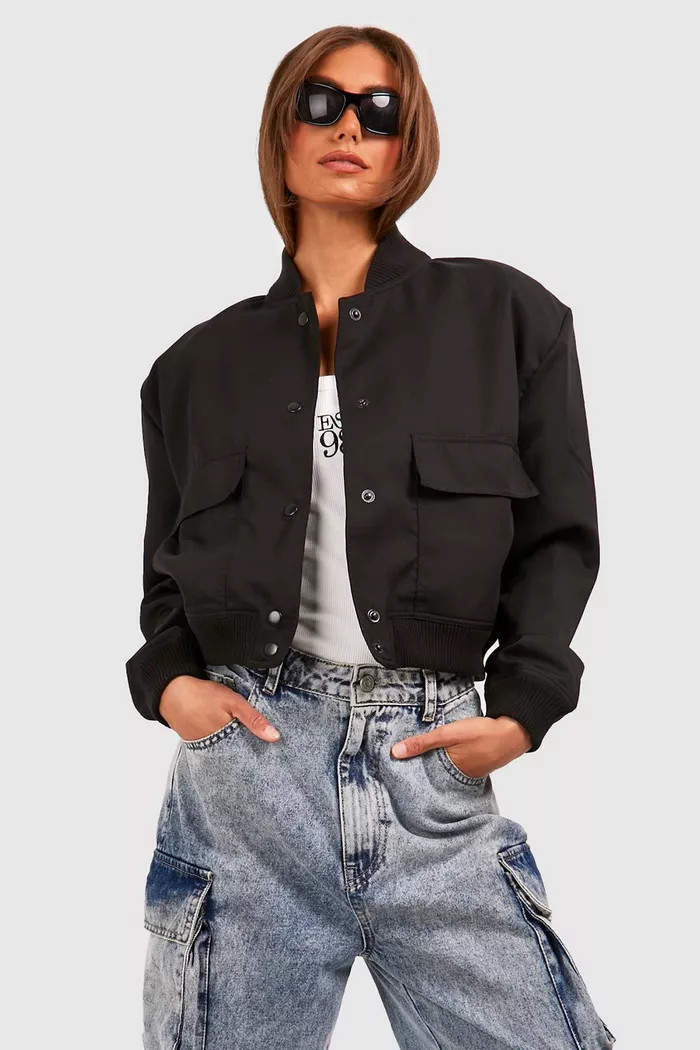 Shoulder Pad Detail Crop Bomber Jacket | boohoo (US & Canada)