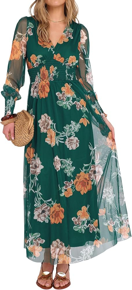 ANRABESS Women's Floral Maxi Dress 2025 Fall V Neck Puff Long Sleeve Flowy Casual Wedding Guest T... | Amazon (US)