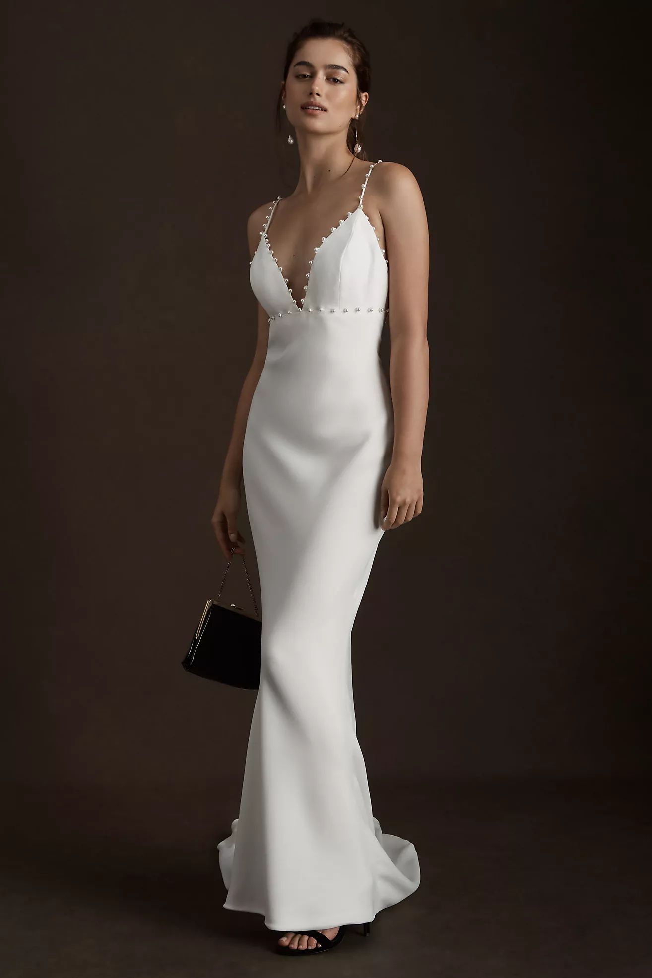 Savannah Miller Dora Pearl-Trimmed V-Neck Crepe Wedding Gown | Anthropologie (US)