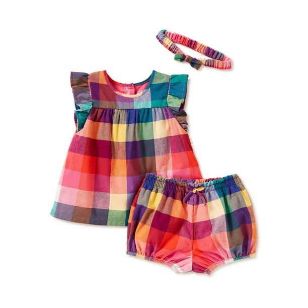 Wonder Nation Baby & Toddler Girls Ruffle Top, Shorts and Headband, 3-Piece Set, Sizes 0-24M | Walmart (US)