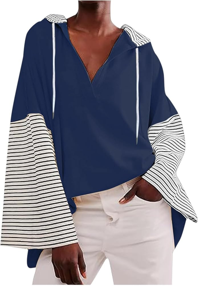Womens Sweatshirt Oversized Hoodies 2024 Fall Striped Long Sleeve Casual V Neck Lightweight Loose... | Amazon (US)