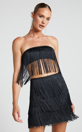 Siofra Two Piece Set - Fringe Crop Top and Mini Skirt in Black | Showpo (US, UK & Europe)