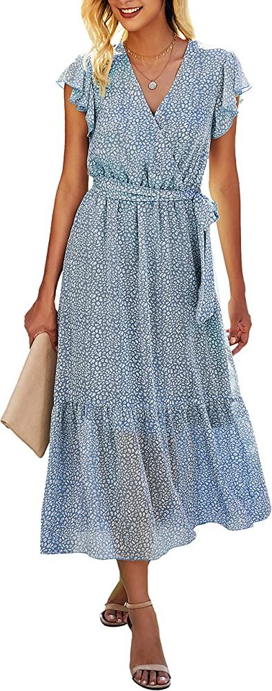 BTFBM Women Summer Bohemian Floral Casual Wrap V Neck Ruffle Cap Sleeveless Belt A-Line Pleated H... | Amazon (US)