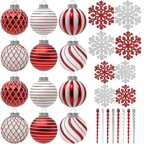 SLEETLY 28pk Red White Christmas Ball Ornaments for Tree Decorations - Holiday Xmas Shatterproof Plastic Balls, Icicles and Snowflakes Ornament Set | Amazon (US)