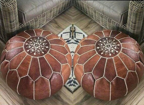 SET OF 2 Moroccan leather pouf, Moroccan Ottoman pouf, moroccan pouffe light brown, Moroccan vint... | Etsy (US)