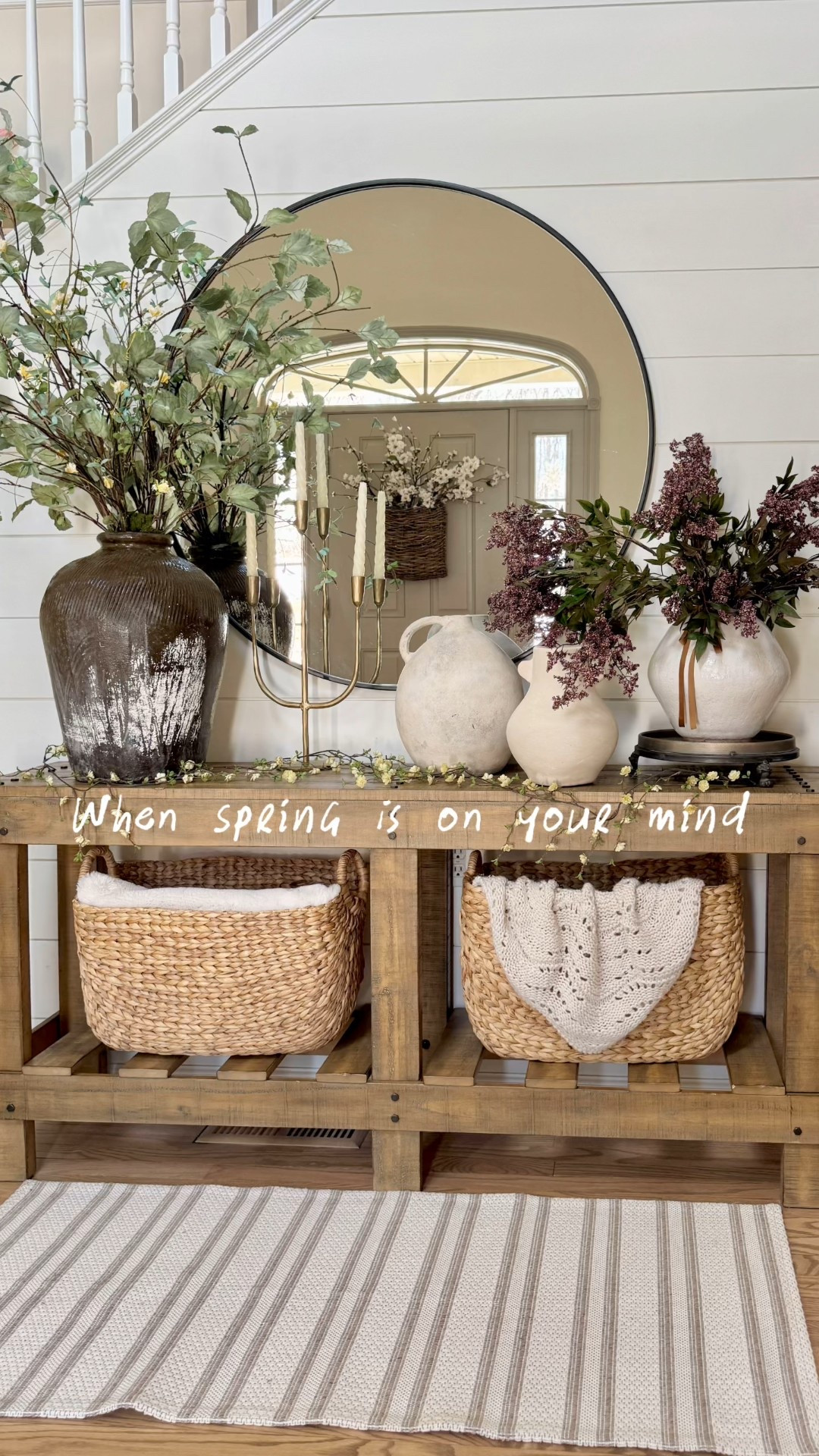 Spring decor and florals 

Entryway styling

Aged brass pot rail 

Kitchen styling and decor 

Faux tree

New lighting 