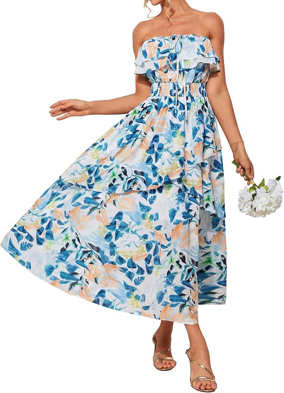 GRACE KARIN Women Summer Floral Maxi Dress Off The Shoulder Halter Sleeveless Ruffle A-Line Weddi... | Amazon (US)