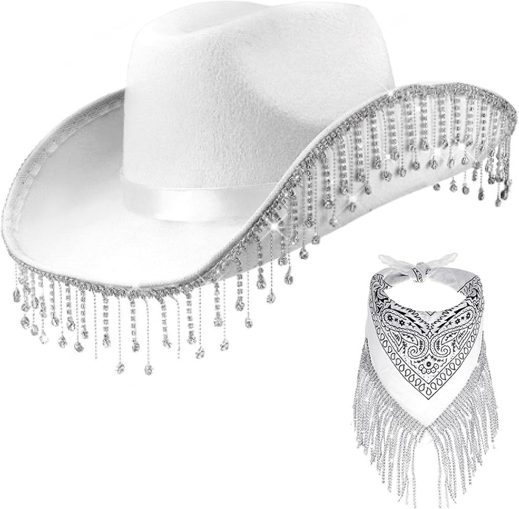 Cowgirl Hat with Silver Rhinestone Fringe Bandana Embellished for Women for Party Music Festival | Amazon (US)