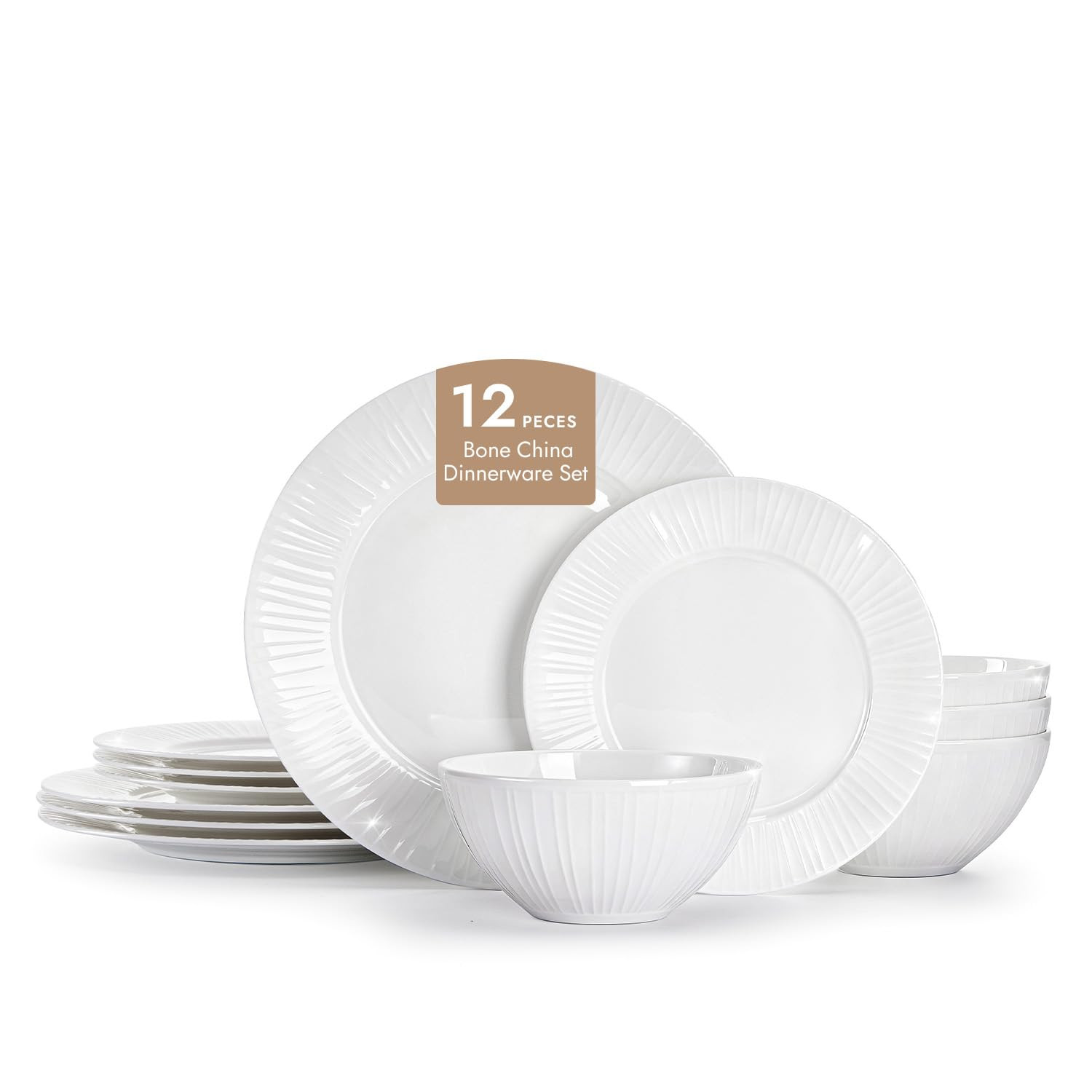 KINGSTONE Bone China Dinnerware Set, 12-Piece White Lightweight Porcelain with Textured Design Se... | Amazon (US)