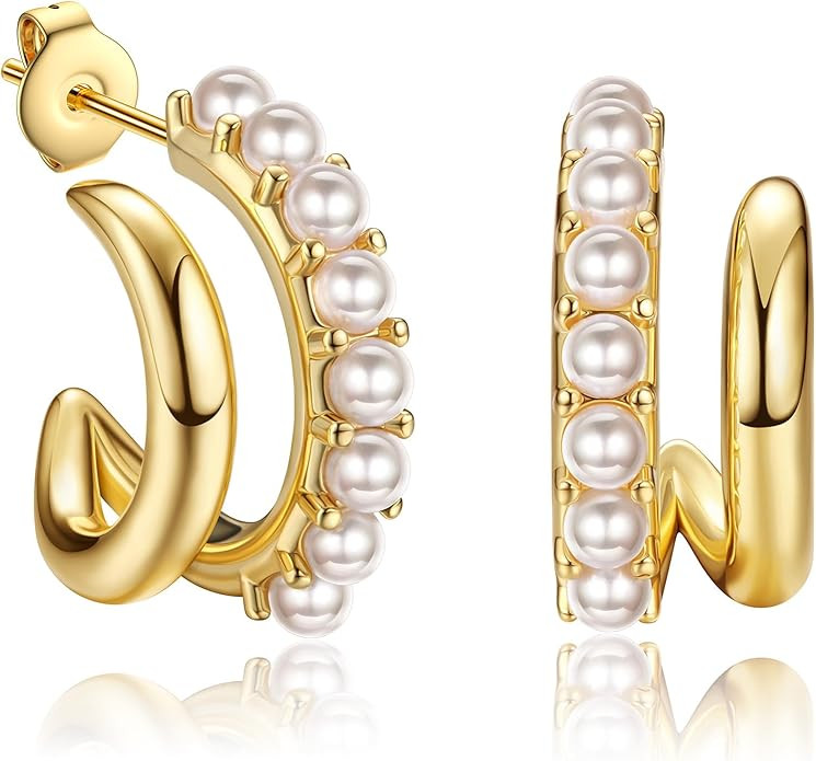 Dochais Pearl Hoop Earrings for Women, 14K Gold Plated Pearl Drop Earrings 925 Sterling Silver Go... | Amazon (US)