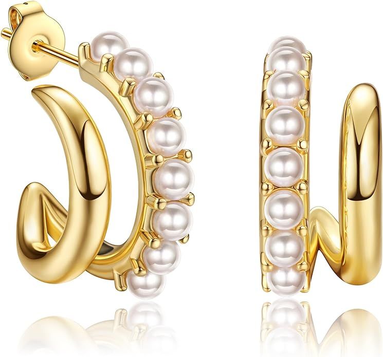 Dochais Pearl Hoop Earrings for Women, 14K Gold Plated Pearl Drop Earrings 925 Sterling Silver Go... | Amazon (US)