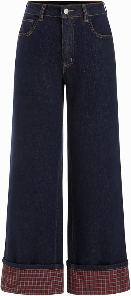 CIDER Wide Leg Jeans Stretchy Plaid Cuffed Folded Hem Straight Leg Denim | Amazon (US)