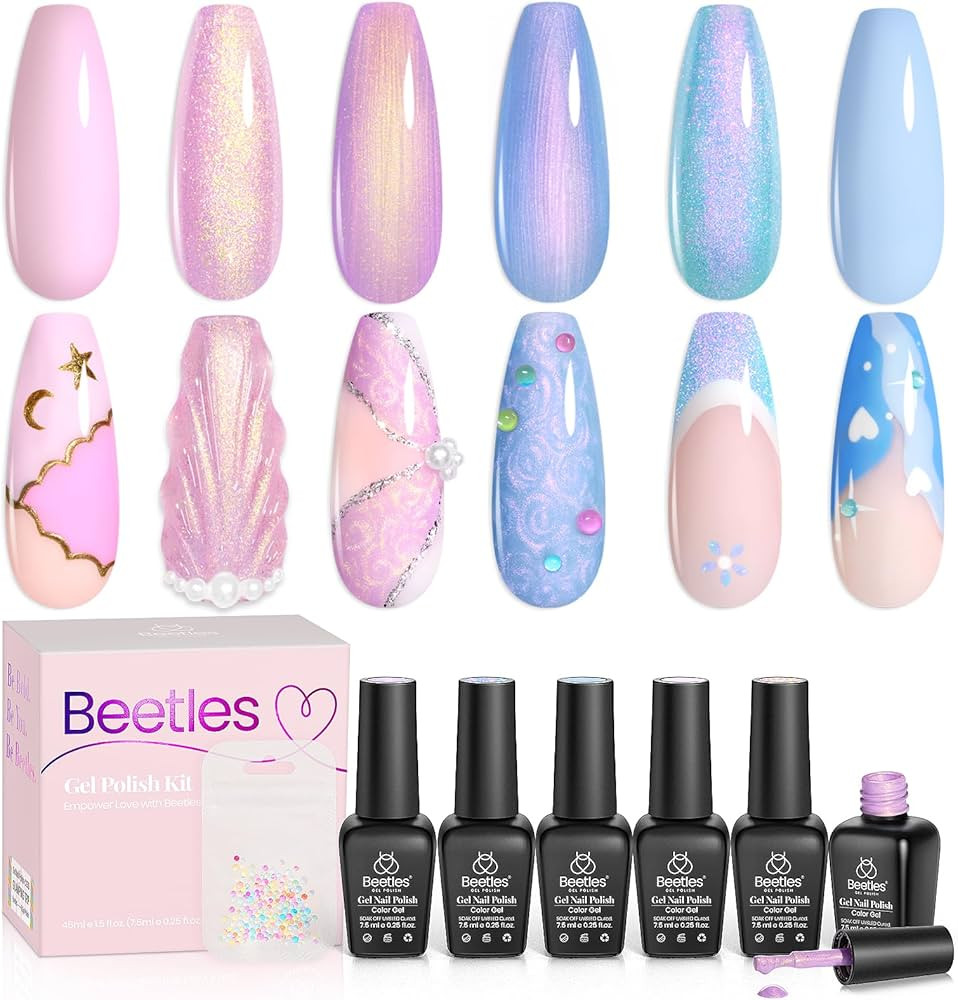 Beetles Pearl Gel Nail Polish Set 6 Colors, Blue Shimmer Gel Polish Pink Purple Mermaid, Nail Dra... | Amazon (CA)
