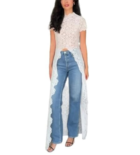 THLAI Womens Blouse Tops Short Sleeve Mock Neck Hollow Out Lace Front Split Long Cover Up Shirt | Amazon (US)