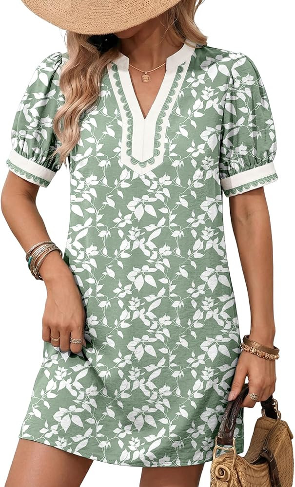 Dokotoo Sundresses for Women 2026 Spring Summer Boho Floral Short Sleeve V Neck Trim Bohemian Haw... | Amazon (US)