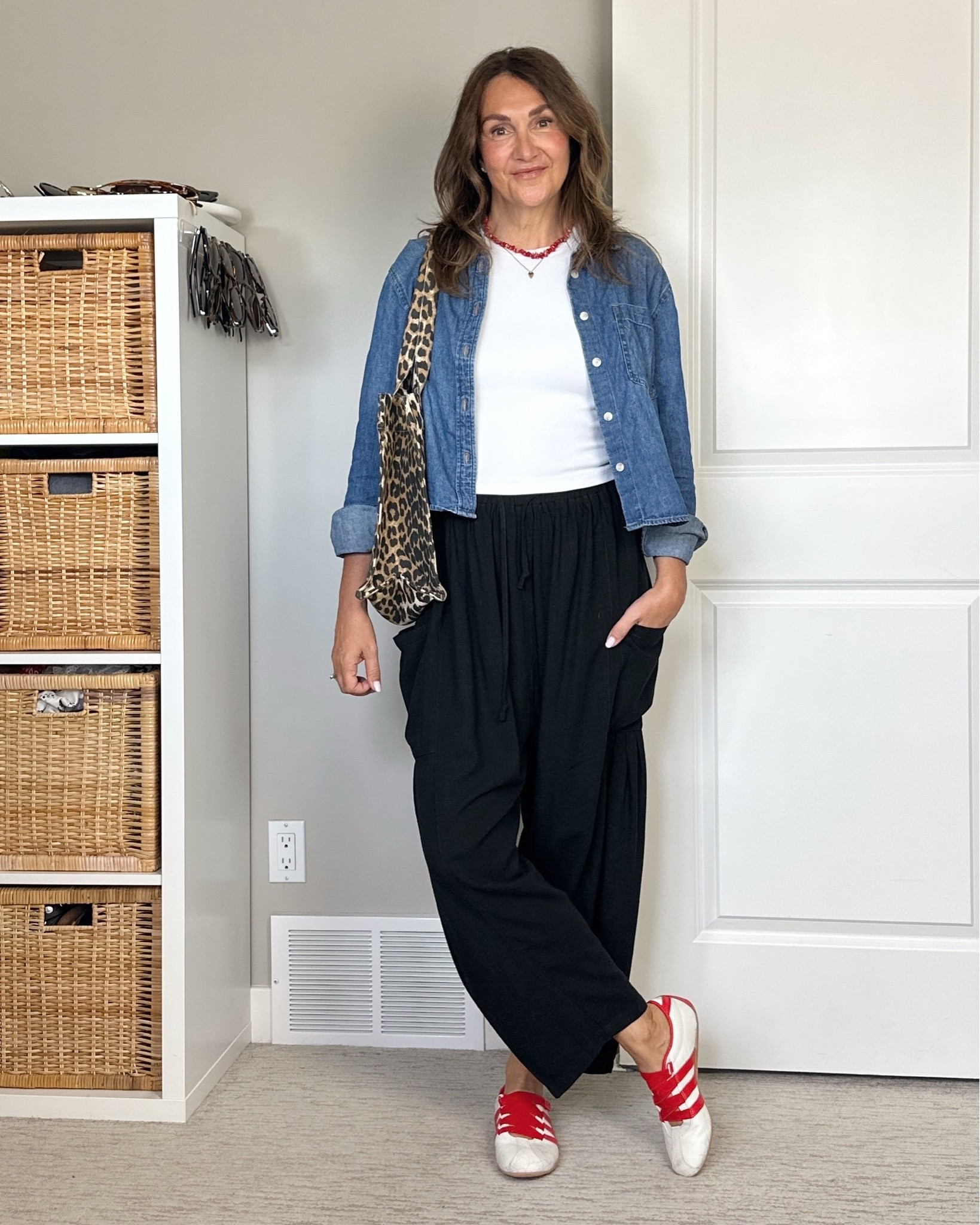 Ootd in the comfiest pants and new sneakers! Like all Adidas they fit big, go down 1/2 size. Pants are very forgiving, I’m in my usual size small but the waist is super roomy. 
The baby tee is a snug cropped fit, I sized up to M. Wearing S in the cropped denim shirt (only available in a lighter wash now).
Linked my exact bag and similar beaded necklaces