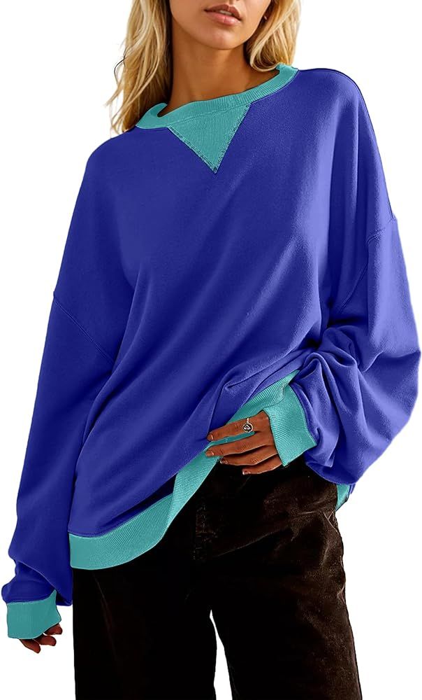 Women Oversized Color Block Long Sleeve Sweatshirt Casual Crew Neck Shirt Loose Fit Pullover Top ... | Amazon (US)