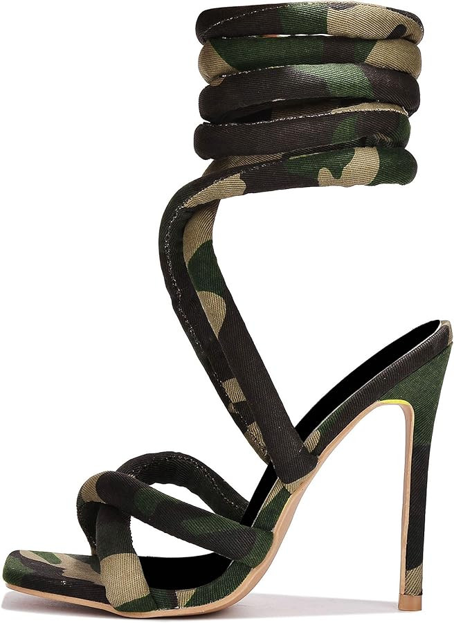 Camo Rope Lace Up Heels for Women Sexy Camo Sandals with Straps Chic Open Toe Stiletto Heel for F... | Amazon (US)