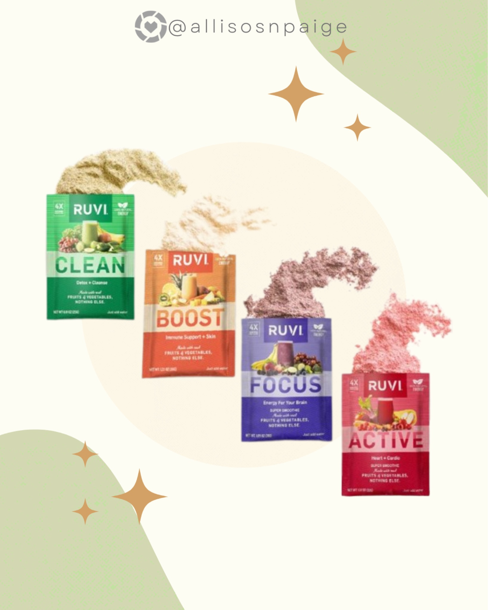 Ruvi offers unique smoothie blends that are made up of 8-10 whole fruits & veggies, containing almost half the serving of fruits & veggies needed every day! Simply add water in a bottle, pour in packet & shake to enjoy!
Ruvi will help you experience better energy, better sleep, better focus, better gut health and more.
No added sugar, no preservatives, no artificial flavors, freeze dried & plant based!
#ad #LiveInColor #RethinkYourDrink @getruvi 


#LTKFind #LTKfit #LTKfamily