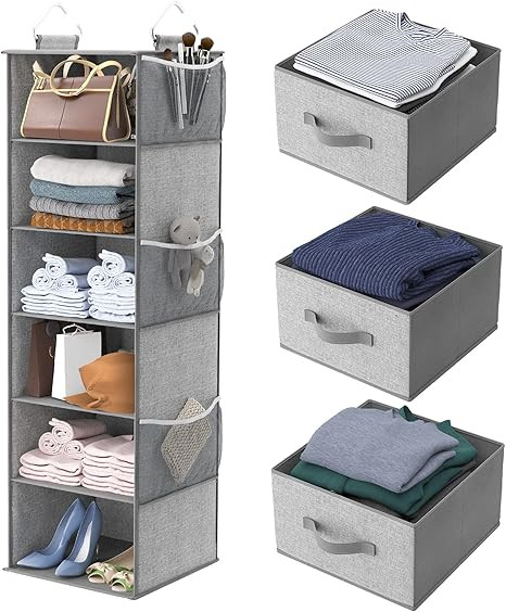 MONINXS 6-Shelf Hanging Closet Organizer, Hanging Shelves for Closet with 3 Divisible Drawers & S... | Amazon (US)
