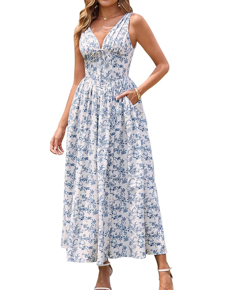 GLNEGE Women's Summer Corset Midi Milkmaid Dress Casual V Neck Flowy A Line Sundress Wedding Gues... | Amazon (US)