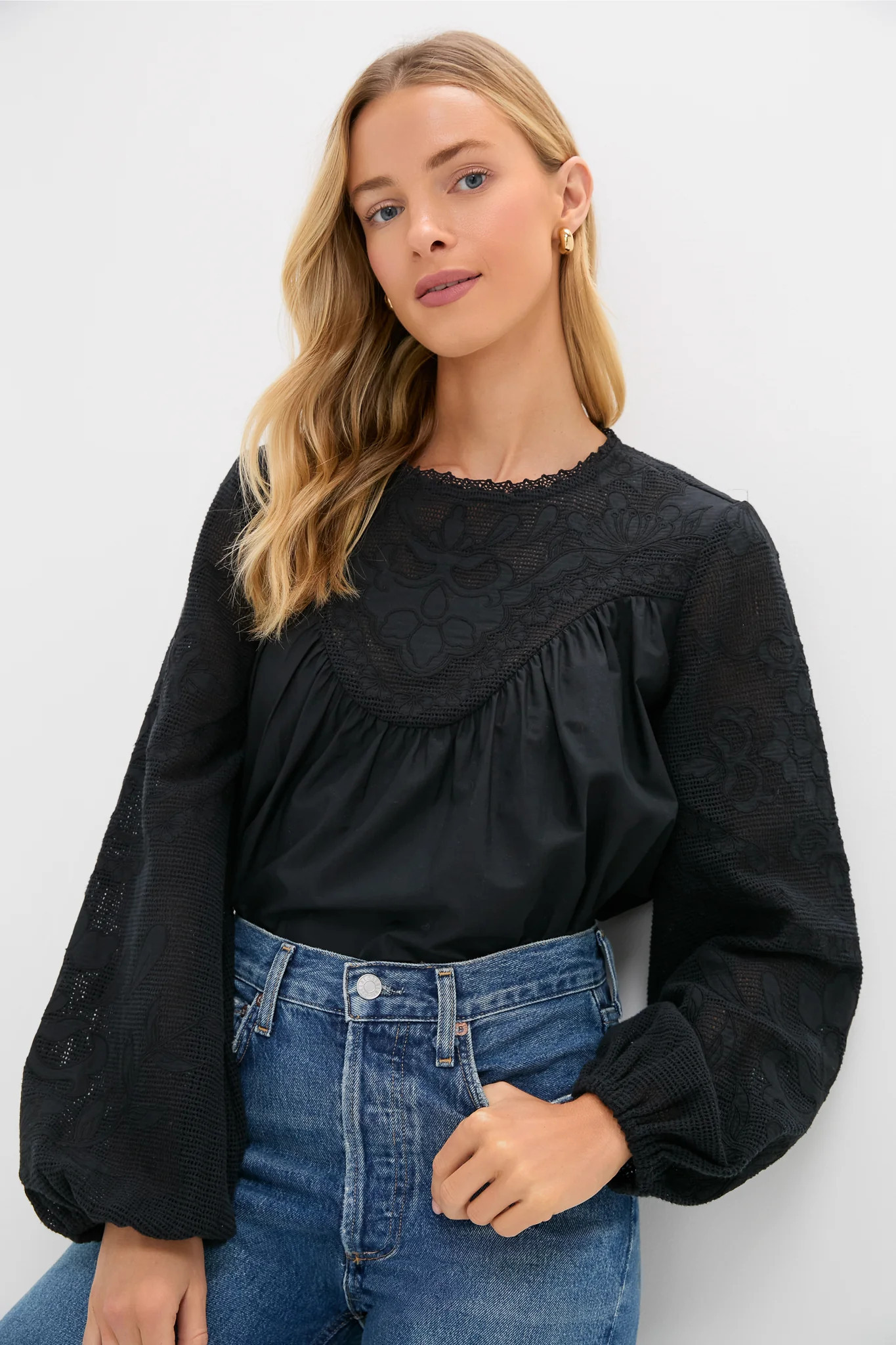 Black Patchwork Embroidered Cressida Blouse | Tuckernuck (US)