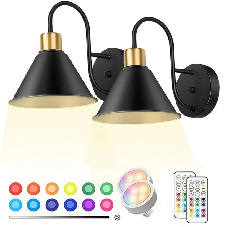 Jercoda 2 pack LED Battery Operated Wireless Wall Sconces with Remote Control, Arm Wall Lights, I... | Walmart (US)
