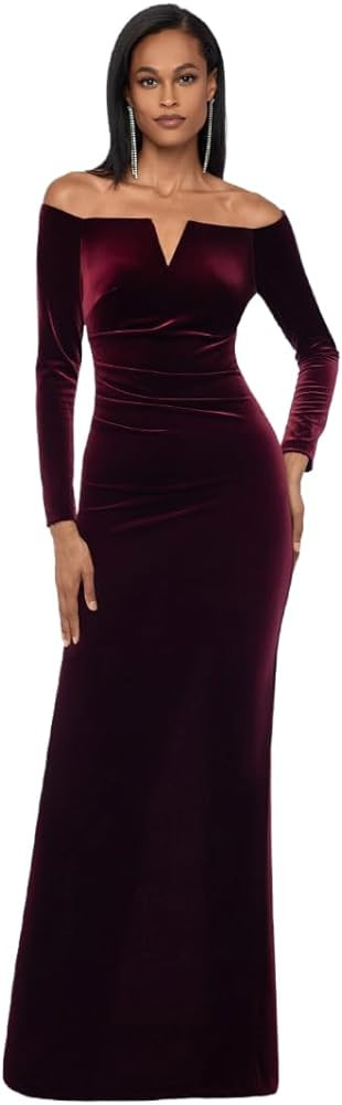 Xscape Women's Off-The-Shoulder Velvet Long Sleeve Maxi Dress with V-bar Neckline and Center Back... | Amazon (US)