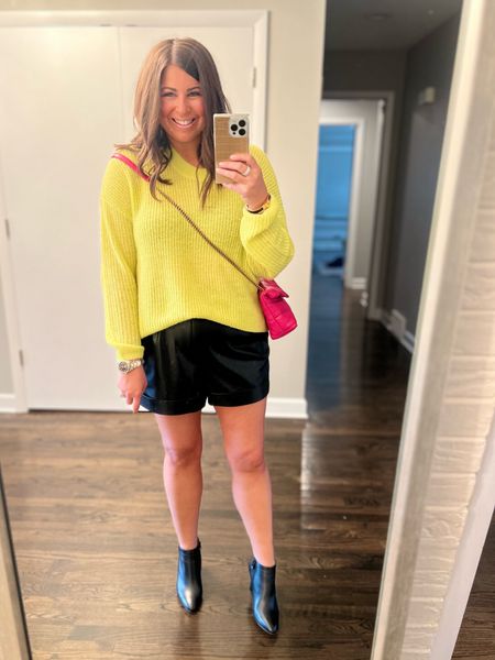 Chic fall weather #ootd that was perfect for my 20-year high school reunion! 

Vegan Leather shorts
Neon yellow sweater 
Pink bag
Black booties (linked mine + very similar ones that are on major sale!)

#LTKstyletip #LTKmidsize #LTKsalealert