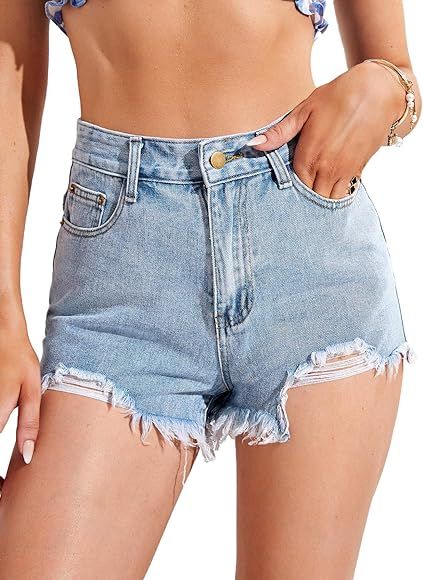WDIRARA Women's Raw Hem Ripped Denim Jeans Button Front Wide Leg Casual Shorts | Amazon (US)