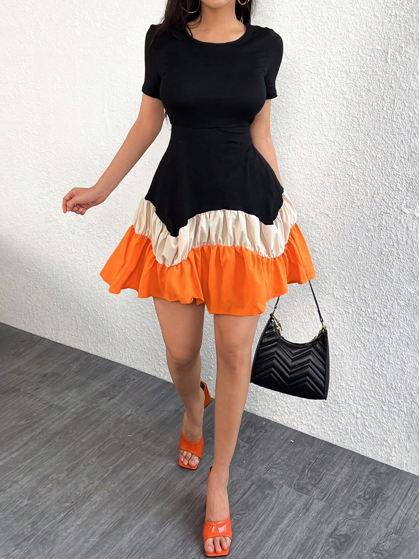 SHEIN Unity Round Neck Color Block Ruffle Trimmed Dress | SHEIN