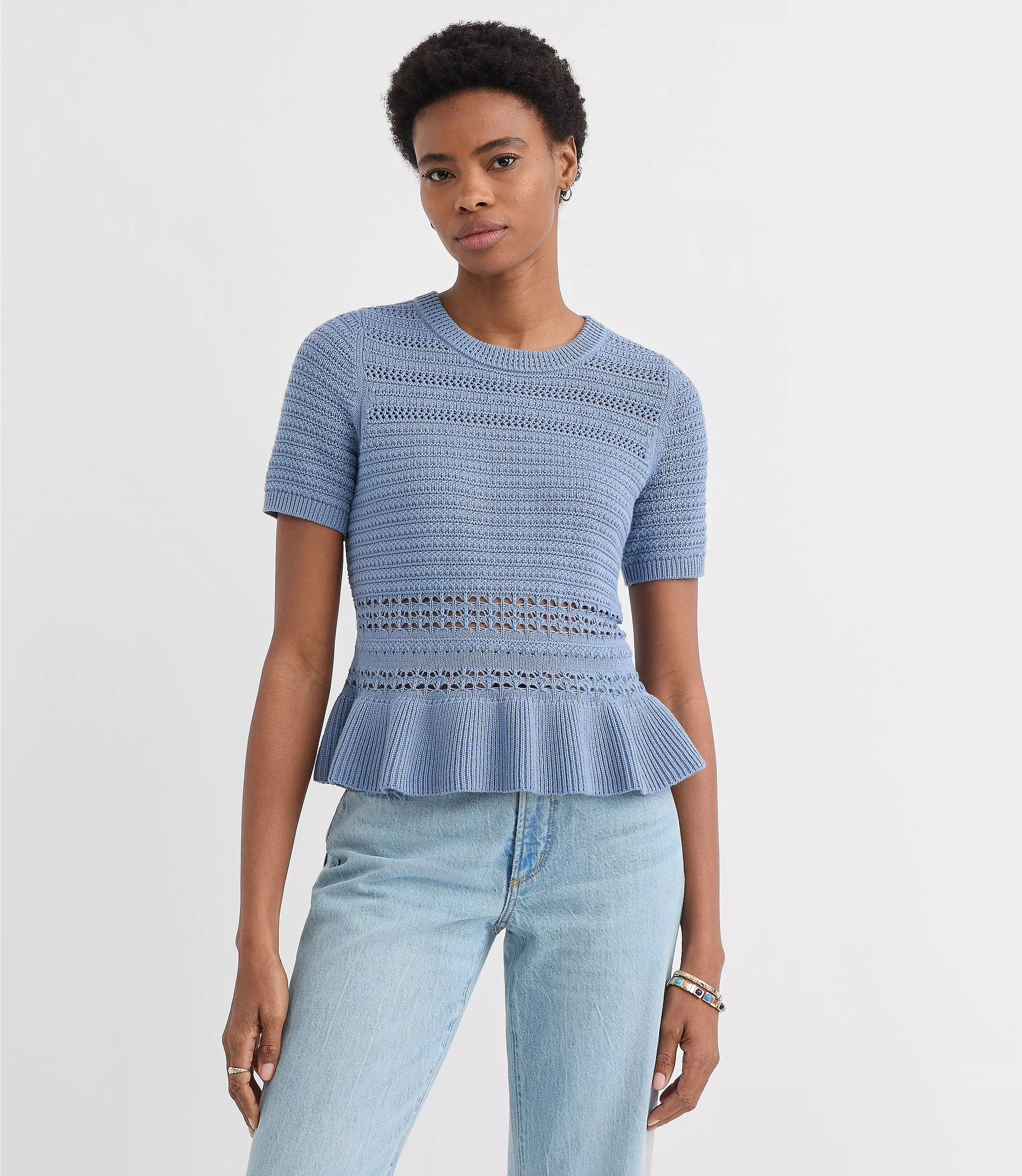 Pointelle Peplum Sweater | LOFT