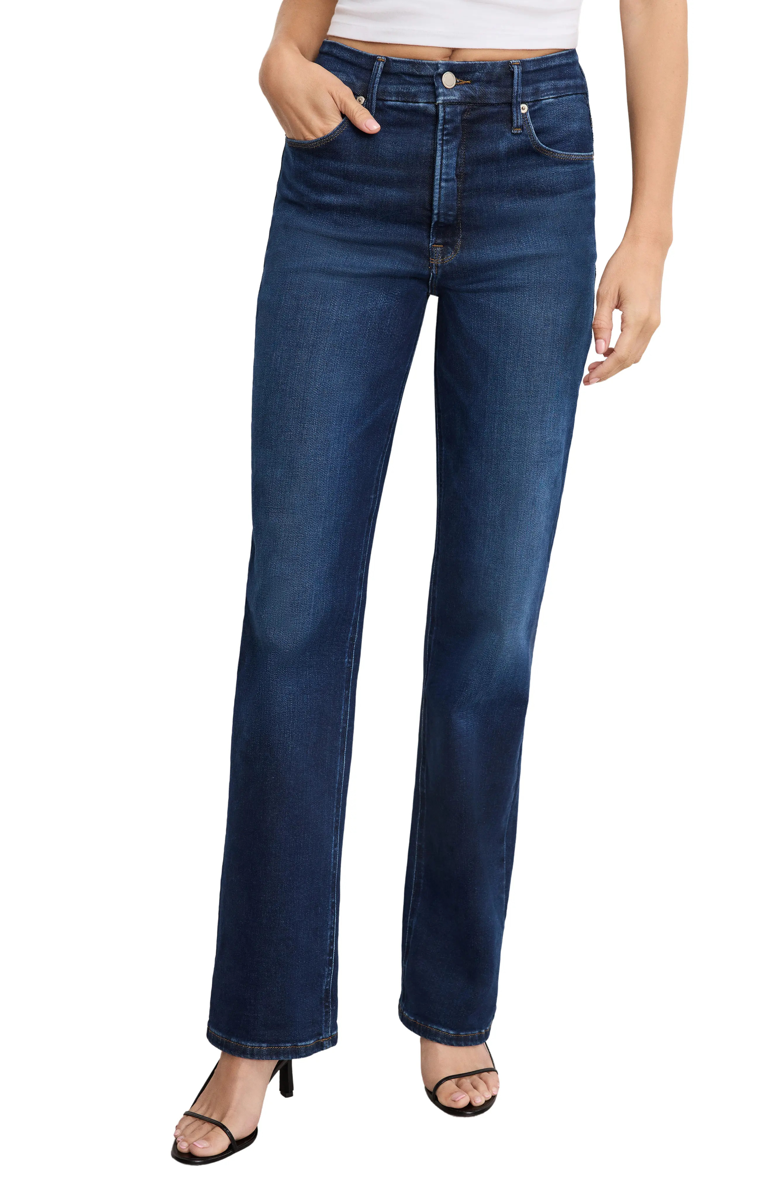 Good American Soft-Tech Straight Leg Jeans in Indigo572 at Nordstrom, Size 15 | Nordstrom