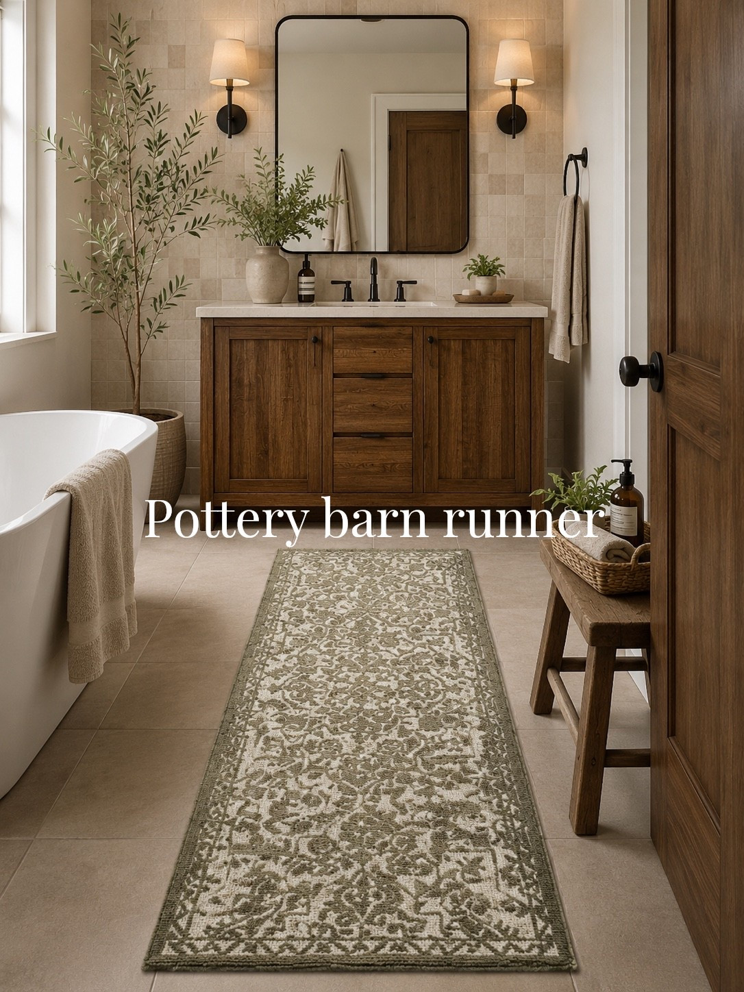 Pottery Barn Sage Green Runner 🤎✨ The easiest way to make your bathroom feel warm, cozy, and effortlessly elevated. This muted sage tone paired with rich wood finishes is giving luxury spa vibes in the best way.

#LTKHome #LTKSaleAlert #LTKSeasonal