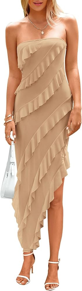 PRETTYGARDEN Summer Wedding Guest Dresses for Women 2026 Strapless Tube Ruffle Elegant Dinner Coc... | Amazon (US)