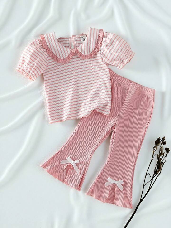 SHEIN Vintaside Kids Conjunto De 2 Piezas Para Bebé Niña: Top De Manga Larga Con Cuello De Volantes Acanalados Y Pantalones Anchos Con Lazo, Estilo Informal Y Cómodo, A Rayas En Tono Café | SHEIN